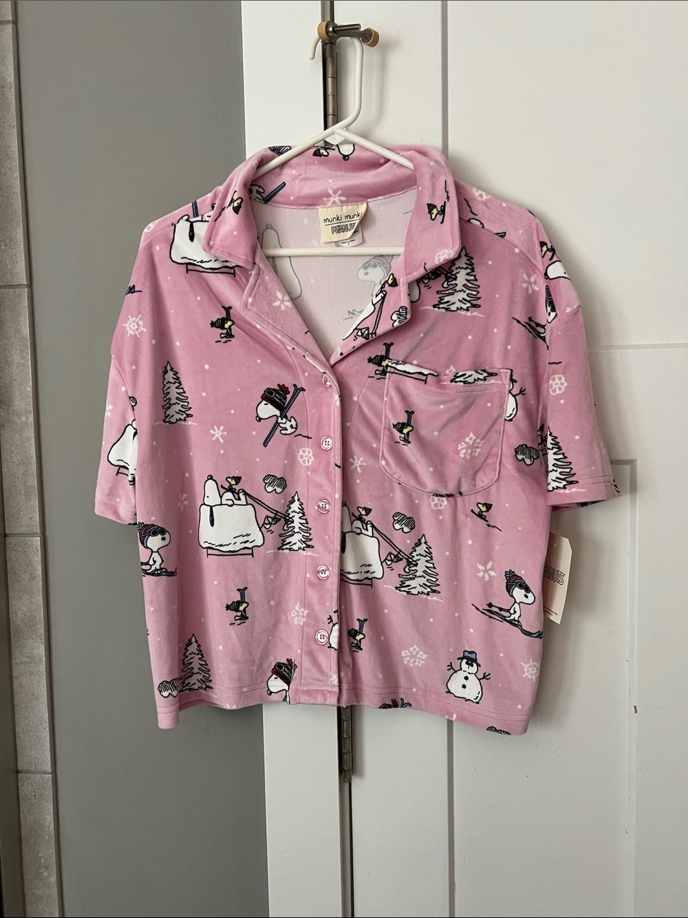 Pink Snoopy Holiday Print Button-Up Pajama top - medium